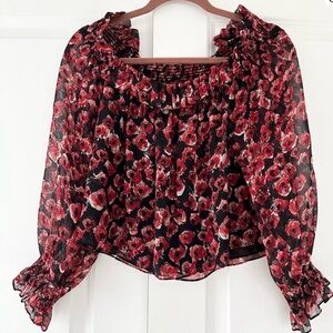 Diane Von Furstenberg Black Sheer Blouse with Red Floral Print and Ruffled Neck